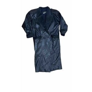 Vintage 80s Womens Winlit Black Leather Jacket Trench Coat Medium